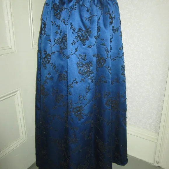 Chetta B Evening full length royal blue satin skirt w black beaded roses, sz 12